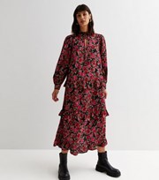 New Look Pink Floral Crepe Tiered Long Sleeve Midi Smock Dress
